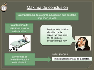 Las máximas de la moral provisionalExpone dichas máximas en la tercera parte del DiscursoSuplir la ausencia momentánea de certezapretende1ª) Máxima de la sensatez2ª) Máxima de la permanencia en una actitud adoptadaCuatro máximas3ª) Máxima de tipo estoicoSurge de un escepticismo CARTESIANO 4ª) Conclusión de lo dichoDebido a que la vida practica requiere una reacción casi inmediata, Descartes decide construir entonces una moral de provisión para poder vivir y actuar lo mejor posible