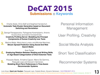 13
DeCAT 2015
Submissions :: Keywords
Lora Aroyo, Geert-Jan Houben, Pasquale Lops, Cataldo Musto, Giovanni Semeraro - DeCAT@UMAP 2015:
International Workshop on Deep Content Analytics Techniques for Personalized and Intelligent Services, Dublin (Ireland), 30.06.15
Charlie Abela, Chris Staff and Siegfried Handschuh.
Automatic Task-Cluster Generation based on Document
Switching and Revisitation
Personal Information
Management
George Panagopoulos, Pythagoras Karampiperis, Antonis
Koukourikos and Sotiris Konstantinidis.
Creativity Proﬁling Server: Modelling the Principal
Components of Human Creativity over Texts
User Proﬁling, Creativity
Martina Matta, Maria Ilaria Lunesu and Michele Marchesi.
Bitcoin Spread Prediction Using Social And Web
Search Media
Social Media Analysis
1.
2.
3.
4.
5.
Avar Pentel
Employing Relation Between Reading and Writing Skills
on Age Based Categorization of Short Estonian Texts Short Text Classiﬁcation
Recommender Systems
Pierpaolo Basile, Annalina Caputo, Marco De Gemmis,
Pasquale Lops and Giovanni Semeraro.
Modeling Short-Term Preferences in Time-Aware
Recommender Systems
 