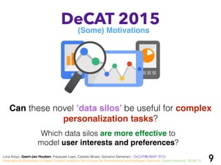 9
DeCAT 2015
Can these novel ’data silos’ be useful for complex
personalization tasks?
(Some) Motivations
Lora Aroyo, Geert-Jan Houben, Pasquale Lops, Cataldo Musto, Giovanni Semeraro - DeCAT@UMAP 2015:
International Workshop on Deep Content Analytics Techniques for Personalized and Intelligent Services, Dublin (Ireland), 30.06.15
Which data silos are more effective to
model user interests and preferences?
 