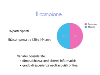 Il campione
16 partecipanti
Età compresa tra i 20 e i 44 anni
Variabili considerate:
• dimestichezza con i sistemi informatici;
• grado di esperienza negli acquisti online.
 