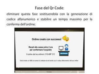 Fase del Qr Code:
eliminare questa fase sostituendola con la generazione di
codice alfanumerico e stabilire un tempo massimo per la
conferma dell ordine;
 