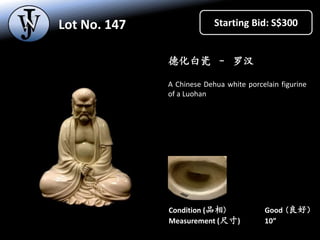 Lot No. 146 Starting Bid: S$150
德化白瓷 – 罗汉
A Chinese Dehua white porcelain figurine
of a Luohan in clouds
Condition (品相) Go...