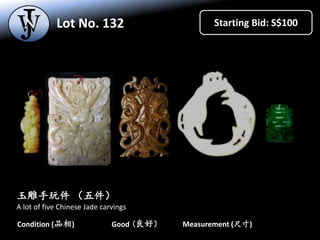 Lot No. 131 Starting Bid: S$200
Measurement (尺寸) 18 cmCondition (品相) Good (良好）
精雕黄玉马
A Chinese carved yellow jade horse st...