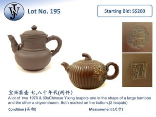 Lot No. 194 Starting Bid: S$50
Measurement (尺寸) 4”Condition (品相) Good (良好）
五十年代瓷器酒杯（一对）
A pair of 1950s porcelain flared w...