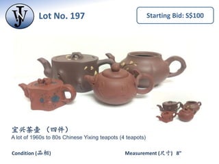 Lot No. 196 Starting Bid: S$100
Measurement (尺寸)Condition (品相)
宜兴茶壶 - 八十年代（三件）
A lot of 1980s Chinese Yixing teapots (3 te...