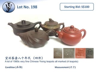 Lot No. 197 Starting Bid: S$100
Measurement (尺寸) 8”Condition (品相)
宜兴茶壶 （四件）
A lot of 1960s to 80s Chinese Yixing teapots (...