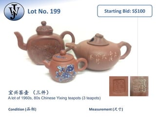 Lot No. 198 Starting Bid: S$100
Measurement (尺寸)Condition (品相)
宜兴茶壶八十年代 （四件）
A lot of 1980s very fine Chinese Yixing teapo...