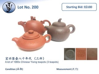 Lot No. 199 Starting Bid: S$100
Measurement (尺寸)Condition (品相)
宜兴茶壶 （三件）
A lot of 1960s, 80s Chinese Yixing teapots (3 tea...