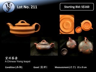 Lot No. 210 Starting Bid: S$400
Measurement (尺寸) 18 x 9 cmCondition (品相) Good (良好）
宜兴茶壶
A Chinese Yixing teapot
 