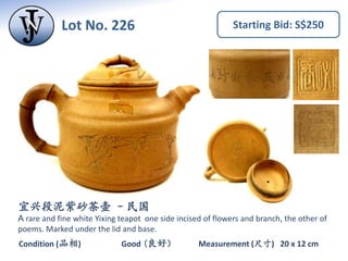 Lot No. 225 Starting Bid: S$250
Measurement (尺寸) 10.5 x 5.5cm 11
x 6.5 cm
Condition (品相)inner chip on the lid(盖内损）
稀少宜兴朱泥水...