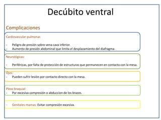 Decúbito ventral
Complicaciones
Cardiovascular-pulmonar.
- Peligro de presión sobre vena cava inferior.
- Aumento de presión abdominal que limita el desplazamiento del diafragma.
Neurológicas:
- Periféricas, por falta de protección de estructuras que permanecen en contacto con la mesa.
Ojos:
- Pueden sufrir lesión por contacto directo con la mesa.
Plexo braquial:
- Por excesiva compresión o abduccion de los brazos.
- Genitales-mamas: Evitar compresión excesiva.
 