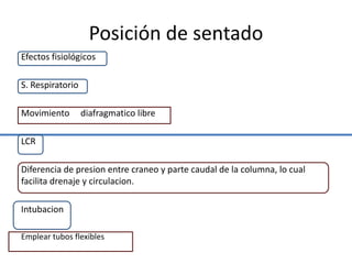 Posición de sentado
Efectos fisiológicos
S. Respiratorio
Movimiento diafragmatico libre
LCR
Diferencia de presion entre craneo y parte caudal de la columna, lo cual
facilita drenaje y circulacion.
Intubacion
Emplear tubos flexibles
 