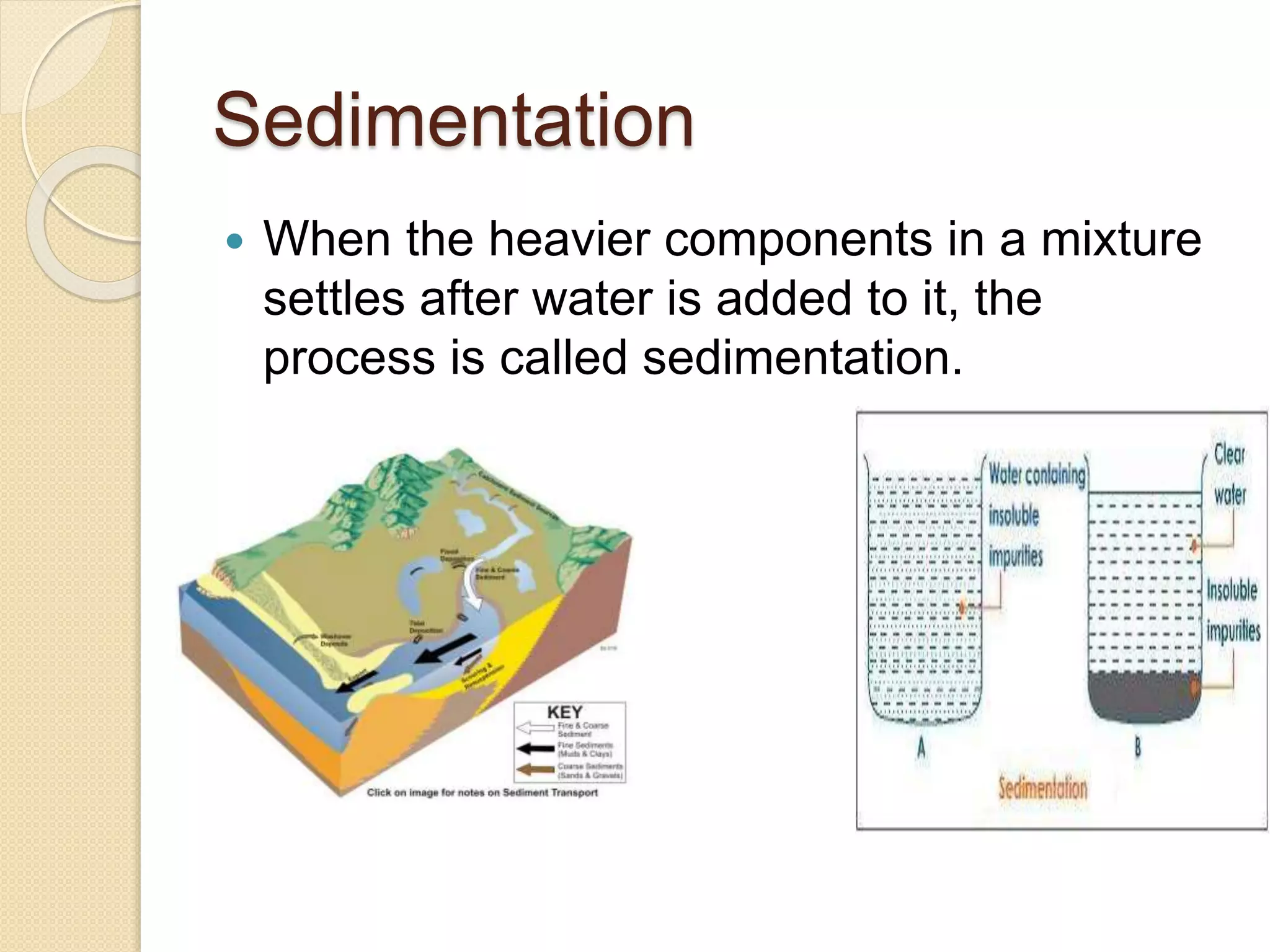 Sedimentation
 When the heavier components in a mixture
settles after water is added to it, the
process is called sedimentation.
 