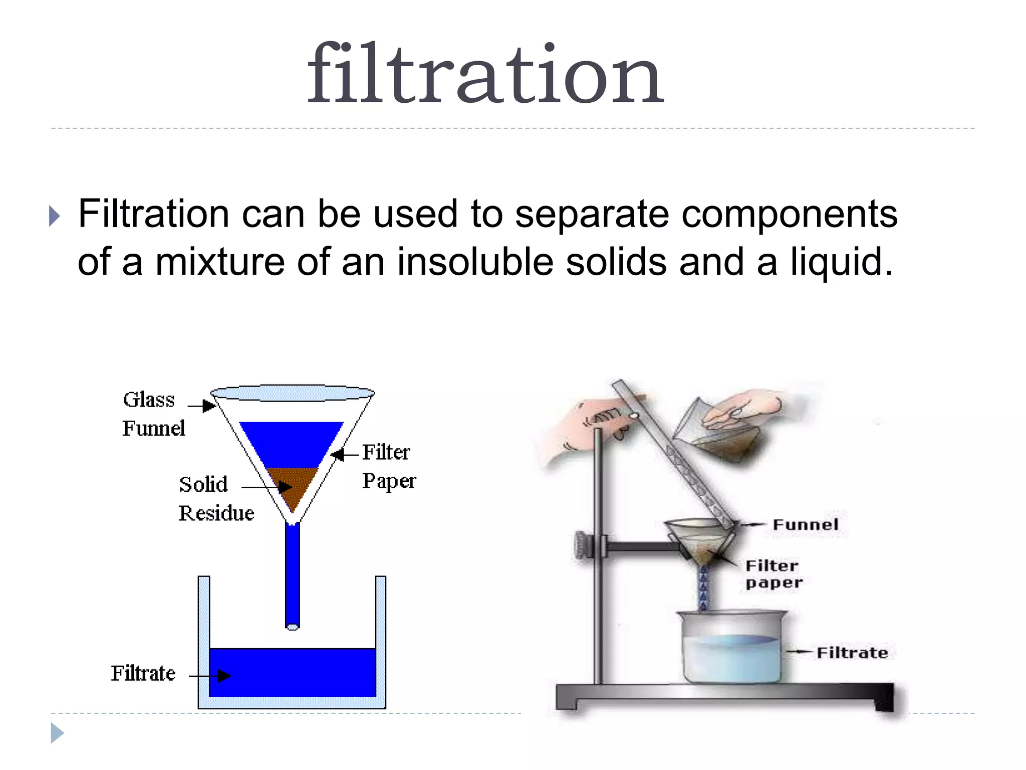 filtration
 Filtration can be used to separate components
of a mixture of an insoluble solids and a liquid.
 