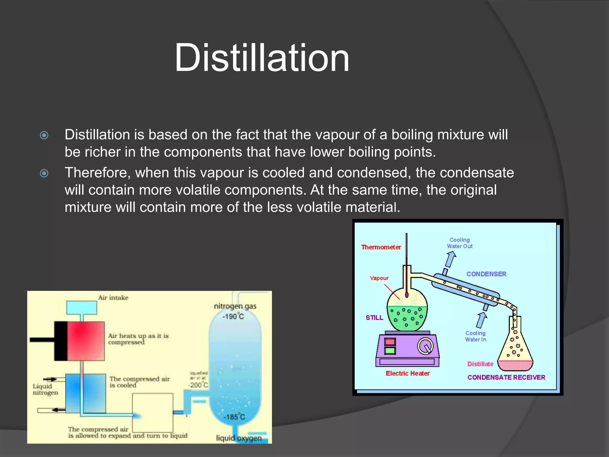 Distillation
 Distillation is based on the fact that the vapour of a boiling mixture will
be richer in the components that have lower boiling points.
 Therefore, when this vapour is cooled and condensed, the condensate
will contain more volatile components. At the same time, the original
mixture will contain more of the less volatile material.
 