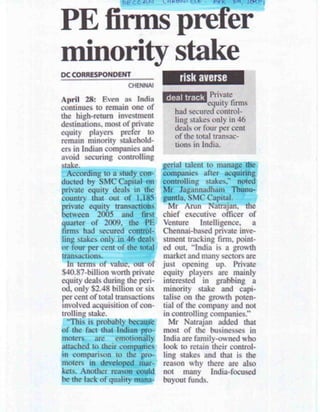 Deccan Chronicle Apr 29 2009_PE firms in India prefer to be minority stakeholders