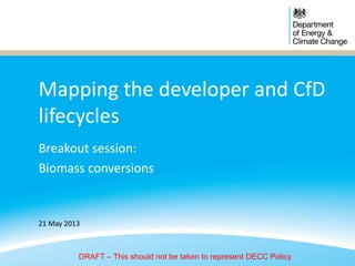 Mapping the developer and CfD
lifecycles
Breakout session:
Biomass conversions
21 May 2013
DRAFT – This should not be taken to represent DECC Policy
 