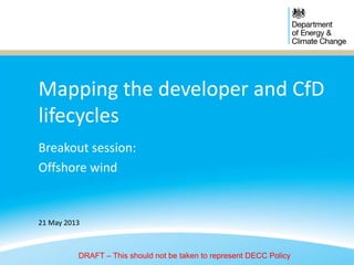 Mapping the developer and CfD
lifecycles
Breakout session:
Offshore wind
21 May 2013
DRAFT – This should not be taken to represent DECC Policy
 