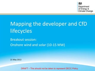 Mapping the developer and CfD
lifecycles
Breakout session:
Onshore wind and solar (10-15 MW)
21 May 2013
DRAFT – This should not be taken to represent DECC Policy
 
