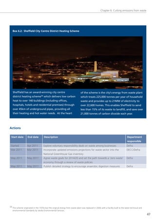 Chapter 6: Cutting emissions from waste




   Box 6.2: Sheffield City Centre District Heating Scheme




   Sheffield has an award-winning city centre                                  of the scheme is the city’s energy from waste plant
   district heating scheme34 which delivers low carbon                         which treats 225,000 tonnes per year of household
   heat to over 140 buildings (including offices,                              waste and provides up to 21MW of electricity to
   hospitals, hotels and residential premises) through                         over 22,600 homes. This enables Sheffield to send
   over 45km of underground pipes, providing all                               less than 15% of its waste to landfill, and save over
   their heating and hot water needs.  At the heart                            21,000 tonnes of carbon dioxide each year.




Actions

 Start date         End date          Description                                                                                   Department
                                                                                                                                    responsible
 started           Apr 2011           explore voluntary responsibility deals on waste among businesses                             Defra
 Mar 2011          Mar 2011           Incorporate updated emissions projections for waste sector into the                          DeCC/Defra
                                      national greenHouse gas inventory
 May 2011          May 2011           Agree waste goals for 2014/20 and set the path towards a ‘zero waste’                        Defra
                                      economy through a review of waste policies
 May 2011          May 2011           Publish detailed strategy to encourage anaerobic digestion measures                          Defra




34 the scheme originated in the 1970s but the original energy from waste plant was replaced in 2006 with a facility built to the latest technical and
   environmental standards by veolia environmental services.
                                                                                                                                                        47
 
