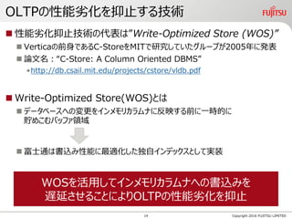 OLTPの性能劣化を抑止する技術
 性能劣化抑止技術の代表は”Write-Optimized Store (WOS)”
 Verticaの前身であるC-StoreをMITで研究していたグループが2005年に発表
 論文名：“C-Store: A Column Oriented DBMS”
•http://db.csail.mit.edu/projects/cstore/vldb.pdf
 Write-Optimized Store(WOS)とは
 データベースへの変更をインメモリカラムナに反映する前に一時的に
貯めこむバッファ領域
Copyright 2016 FUJITSU LIMITED
WOSを活用してインメモリカラムナへの書込みを
遅延させることによりOLTPの性能劣化を抑止
 富士通は書込み性能に最適化した独自インデックスとして実装
14
 