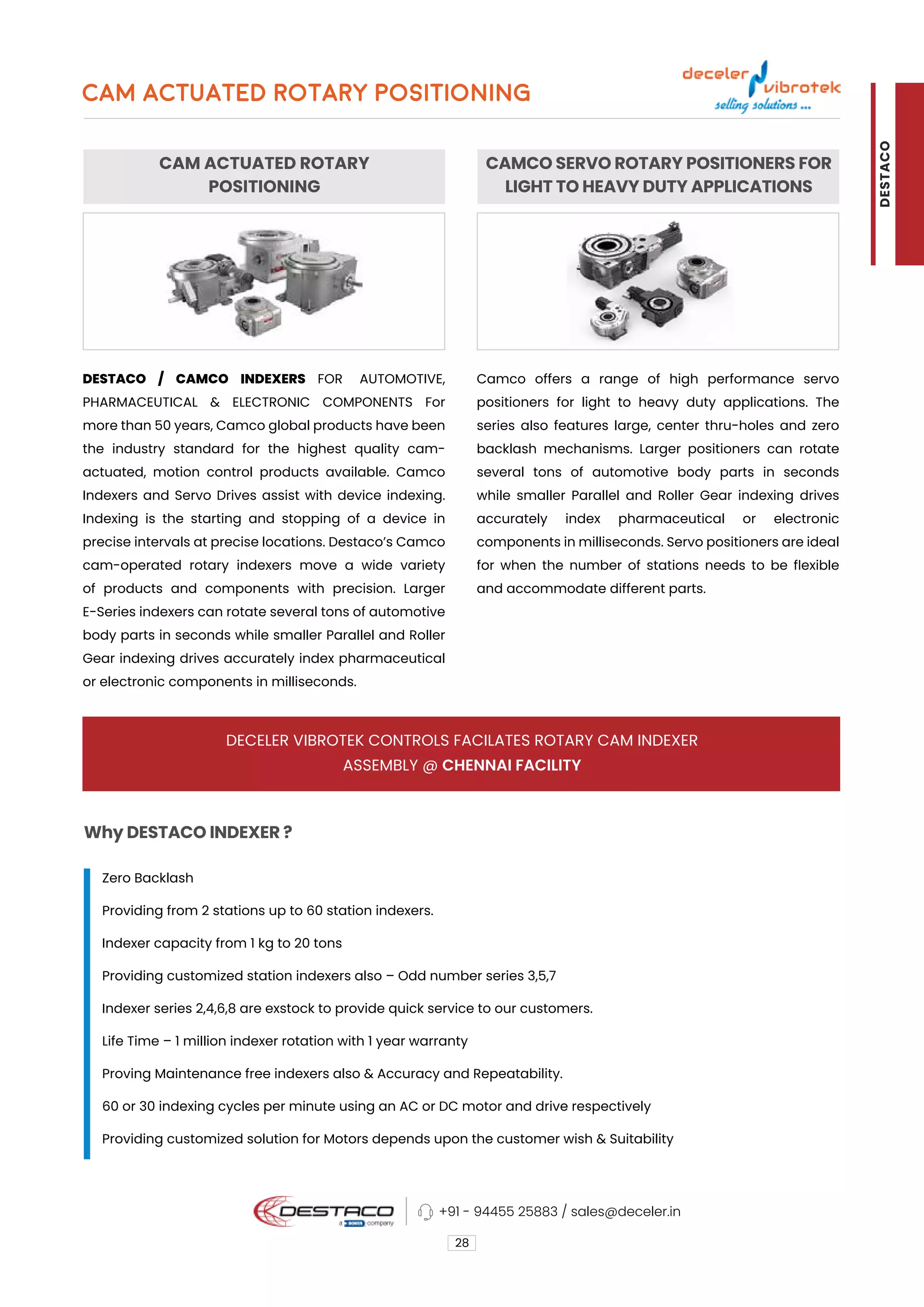 CAM ACTUATED ROTARY
POSITIONING
CAMCO SERVO ROTARY POSITIONERS FOR
LIGHT TO HEAVY DUTY APPLICATIONS
Why DESTACO INDEXER ?
DESTACO / CAMCO INDEXERS FOR AUTOMOTIVE,
PHARMACEUTICAL & ELECTRONIC COMPONENTS For
more than 50 years, Camco global products have been
the industry standard for the highest quality cam-
actuated, motion control products available. Camco
Indexers and Servo Drives assist with device indexing.
Indexing is the starting and stopping of a device in
precise intervals at precise locations. Destaco’s Camco
cam-operated rotary indexers move a wide variety
of products and components with precision. Larger
E-Series indexers can rotate several tons of automotive
body parts in seconds while smaller Parallel and Roller
Gear indexing drives accurately index pharmaceutical
or electronic components in milliseconds.
Camco offers a range of high performance servo
positioners for light to heavy duty applications. The
series also features large, center thru-holes and zero
backlash mechanisms. Larger positioners can rotate
several tons of automotive body parts in seconds
while smaller Parallel and Roller Gear indexing drives
accurately index pharmaceutical or electronic
components in milliseconds. Servo positioners are ideal
for when the number of stations needs to be flexible
and accommodate different parts.
Zero Backlash									
Providing from 2 stations up to 60 station indexers.									
Indexer capacity from 1 kg to 20 tons									
Providing customized station indexers also – Odd number series 3,5,7					
Indexer series 2,4,6,8 are exstock to provide quick service to our customers.			
Life Time – 1 million indexer rotation with 1 year warranty
Proving Maintenance free indexers also & Accuracy and Repeatability.		
60 or 30 indexing cycles per minute using an AC or DC motor and drive respectively
Providing customized solution for Motors depends upon the customer wish & Suitability
CAM ACTUATED ROTARY POSITIONING
28
DECELER VIBROTEK CONTROLS FACILATES ROTARY CAM INDEXER
ASSEMBLY @ CHENNAI FACILITY
+91 - 94455 25883 / sales@deceler.in
DESTACO
 