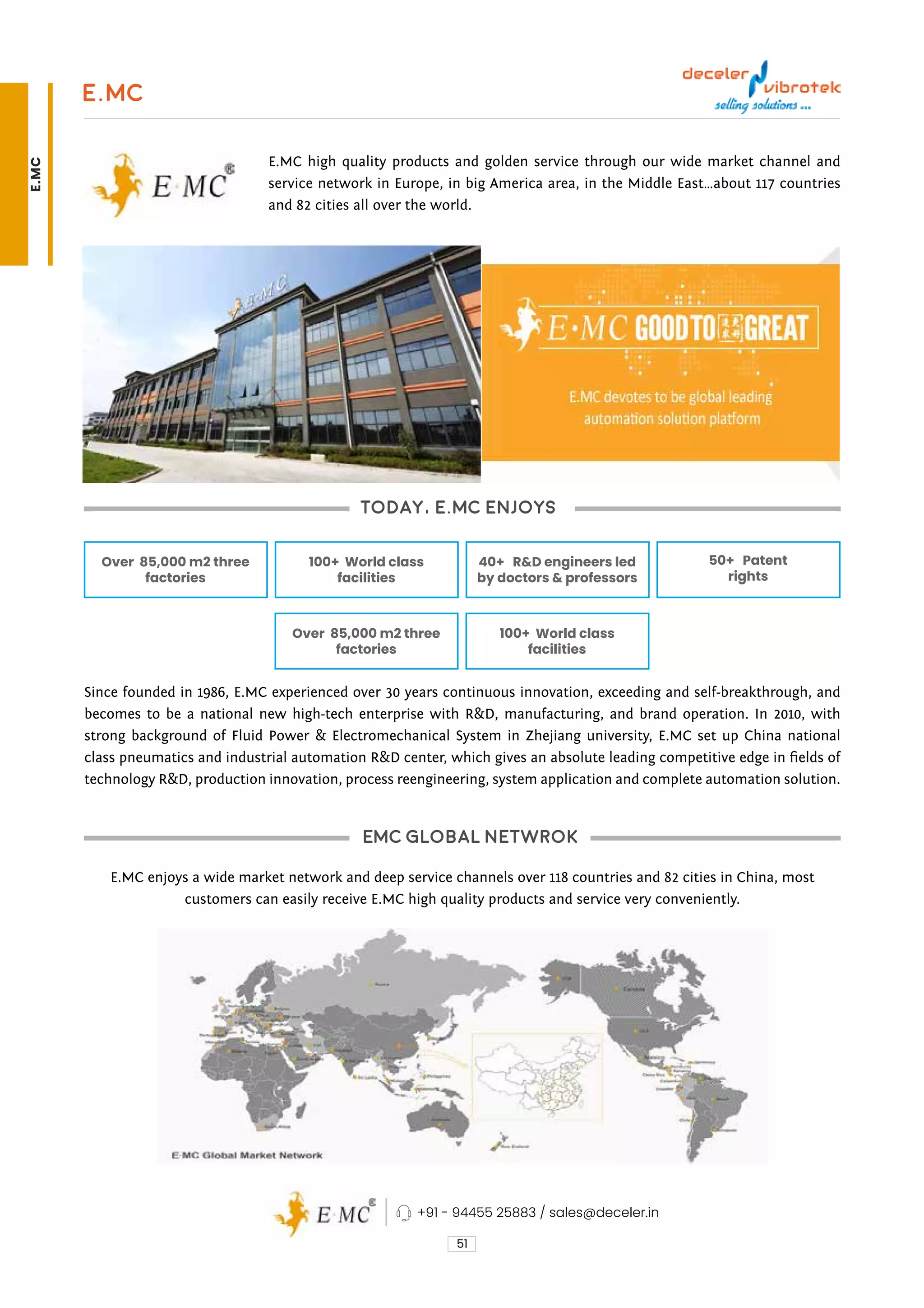 51
Today, E.MC enjoys
EMC Global Netwrok
Over 85,000 m2 three
factories
Over 85,000 m2 three
factories
100+ World class
facilities
100+ World class
facilities
40+ R&D engineers led
by doctors & professors
50+ Patent
rights
E.MC
E.MC high quality products and golden service through our wide market channel and
service network in Europe, in big America area, in the Middle East…about 117 countries
and 82 cities all over the world.
Since founded in 1986, E.MC experienced over 30 years continuous innovation, exceeding and self-breakthrough, and
becomes to be a national new high-tech enterprise with R&D, manufacturing, and brand operation. In 2010, with
strong background of Fluid Power & Electromechanical System in Zhejiang university, E.MC set up China national
class pneumatics and industrial automation R&D center, which gives an absolute leading competitive edge in fields of
technology R&D, production innovation, process reengineering, system application and complete automation solution.
E.MC enjoys a wide market network and deep service channels over 118 countries and 82 cities in China, most
customers can easily receive E.MC high quality products and service very conveniently.
+91 - 94455 25883 / sales@deceler.in
E.MC
 