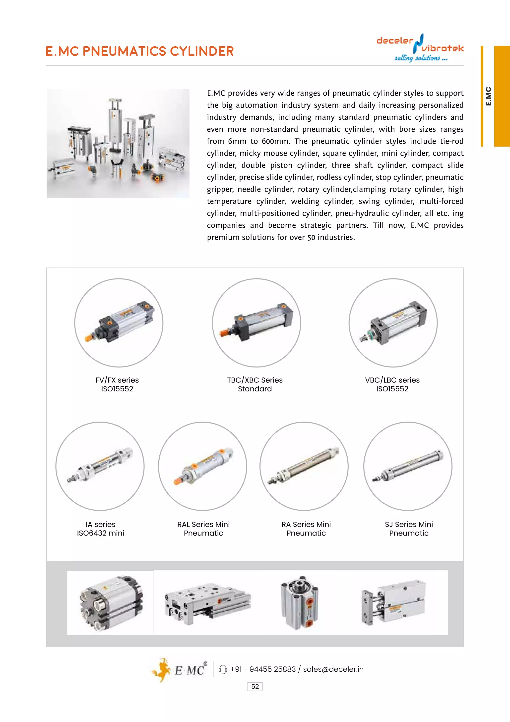 E.MC PNEUMATICS CYLINDER
E.MC provides very wide ranges of pneumatic cylinder styles to support
the big automation industry system and daily increasing personalized
industry demands, including many standard pneumatic cylinders and
even more non-standard pneumatic cylinder, with bore sizes ranges
from 6mm to 600mm. The pneumatic cylinder styles include tie-rod
cylinder, micky mouse cylinder, square cylinder, mini cylinder, compact
cylinder, double piston cylinder, three shaft cylinder, compact slide
cylinder, precise slide cylinder, rodless cylinder, stop cylinder, pneumatic
gripper, needle cylinder, rotary cylinder,clamping rotary cylinder, high
temperature cylinder, welding cylinder, swing cylinder, multi-forced
cylinder, multi-positioned cylinder, pneu-hydraulic cylinder, all etc. ing
companies and become strategic partners. Till now, E.MC provides
premium solutions for over 50 industries.
52
VBC/LBC series
ISO15552
RA Series Mini
Pneumatic
SJ Series Mini
Pneumatic
FV/FX series
ISO15552
IA series
ISO6432 mini
TBC/XBC Series
Standard
RAL Series Mini
Pneumatic
+91 - 94455 25883 / sales@deceler.in
E.MC
 