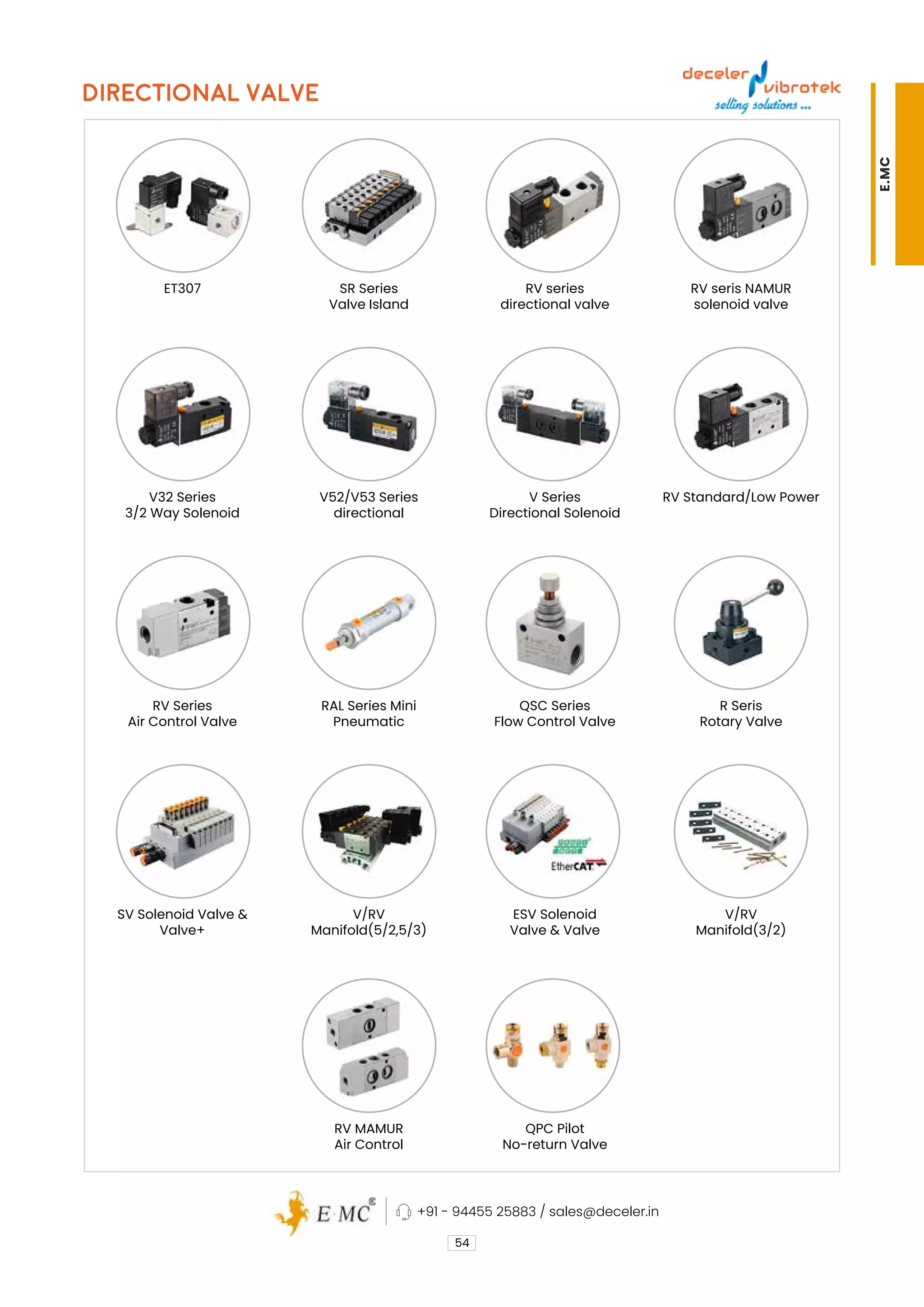 DIRECTIONAL VALVE
54
V Series
Directional Solenoid
QSC Series
Flow Control Valve
ESV Solenoid
Valve & Valve
QPC Pilot
No-return Valve
RV series
directional valve
RV Standard/Low Power
R Seris
Rotary Valve
V/RV
Manifold(3/2)
RV seris NAMUR
solenoid valve
V32 Series
3/2 Way Solenoid
RV Series
Air Control Valve
SV Solenoid Valve &
Valve+
ET307
V52/V53 Series
directional
RAL Series Mini
Pneumatic
V/RV
Manifold(5/2,5/3)
RV MAMUR
Air Control
SR Series
Valve Island
+91 - 94455 25883 / sales@deceler.in
E.MC
 