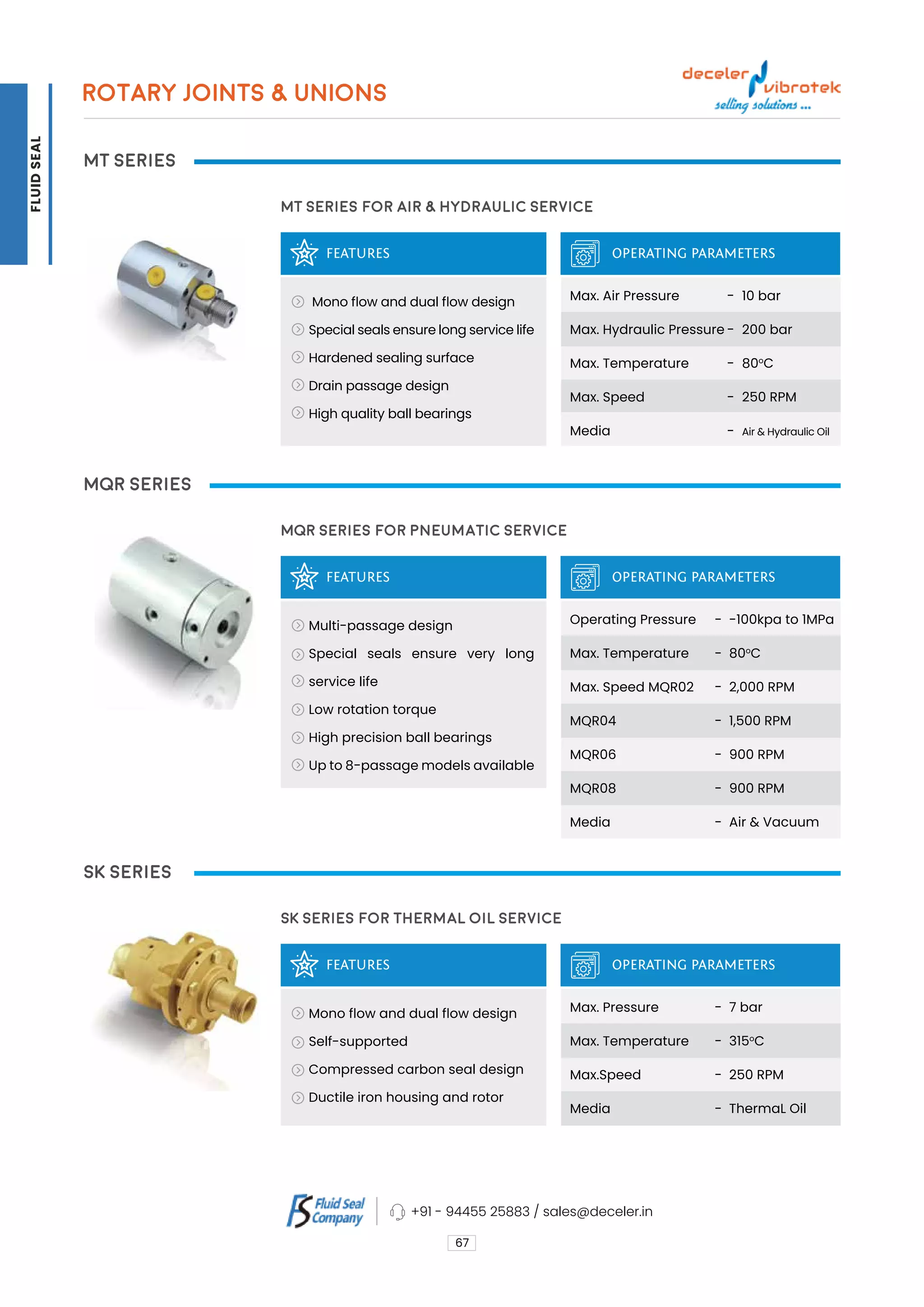 MT Series
MQR Series
SK Series
FEATURES
FEATURES
FEATURES
MT Series for Air & Hydraulic Service
MQR Series for Pneumatic Service
SK Series for Thermal Oil Service
OPERATING PARAMETERS
OPERATING PARAMETERS
OPERATING PARAMETERS
Mono flow and dual flow design
Special seals ensure long service life
Hardened sealing surface
Drain passage design
High quality ball bearings
Multi-passage design
Special seals ensure very long
service life
Low rotation torque
High precision ball bearings
Up to 8-passage models available
Mono flow and dual flow design
Self-supported
Compressed carbon seal design
Ductile iron housing and rotor
Max. Air Pressure
Max. Hydraulic Pressure
Max. Temperature
Max. Speed
Media
Operating Pressure
Max. Temperature
Max. Speed MQR02
MQR04
MQR06
MQR08
Media
Max. Pressure
Max. Temperature
Max.Speed
Media
10 bar
200 bar
80o
C
250 RPM
Air & Hydraulic Oil
-100kpa to 1MPa
80o
C
2,000 RPM
1,500 RPM
900 RPM
900 RPM
Air & Vacuum
7 bar
315o
C
250 RPM
ThermaL Oil
-
-
-
-
-
-
-
-
-
-
-
-
-
-
-
-
67
ROTARY JOINTS & UNIONS
+91 - 94455 25883 / sales@deceler.in
FLUID
SEAL
 
