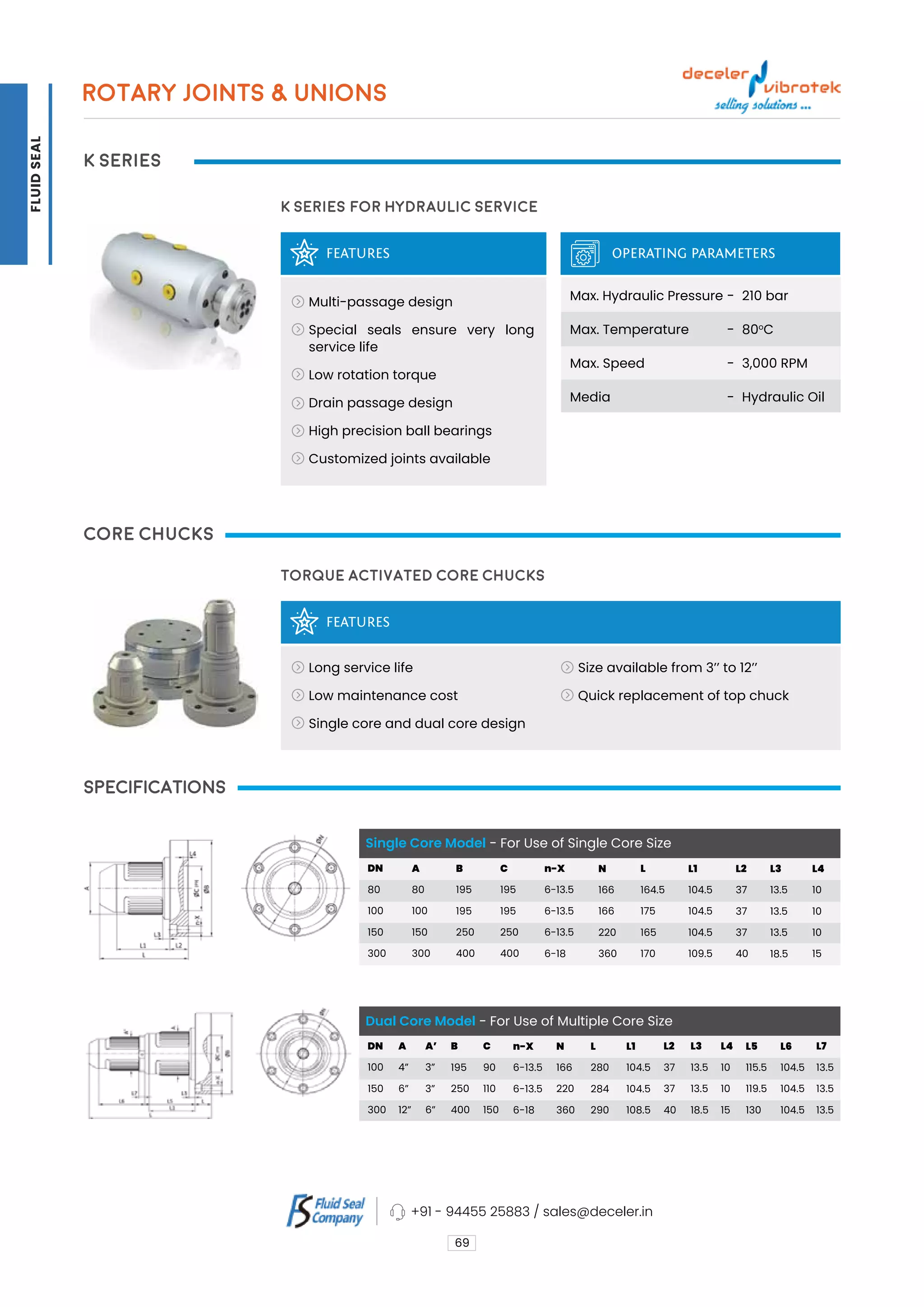 K Series
Core Chucks
SPECIFICATIONS
FEATURES
FEATURES
K Series for HYdraulic Service
Torque Activated Core Chucks
OPERATING PARAMETERS
Multi-passage design
Special seals ensure very long
service life
Low rotation torque
Drain passage design
High precision ball bearings
Customized joints available
Long service life
Low maintenance cost
Single core and dual core design
Size available from 3’’ to 12’’
Quick replacement of top chuck
Max. Hydraulic Pressure
Max. Temperature
Max. Speed
Media
210 bar
80o
C
3,000 RPM
Hydraulic Oil
-
-
-
-
Dual Core Model - For Use of Multiple Core Size
Single Core Model - For Use of Single Core Size
DN
80
100
150
300
DN
100
150
300
A
80
100
150
300
A
4”
6”
12”
B
195
195
250
400
A’
3”
3”
6”
C
195
195
250
400
B
195
250
400
n-X
6-13.5
6-13.5
6-13.5
6-18
C
90
110
150
L2
37
37
40
L3
13.5
13.5
18.5
L7
13.5
13.5
13.5
L4
10
10
15
L5
115.5
119.5
130
L6
104.5
104.5
104.5
L
164.5
175
165
170
N
166
220
360
L
280
284
290
L1
104.5
104.5
108.5
L1
104.5
104.5
104.5
109.5
N
166
166
220
360
n-X
6-13.5
6-13.5
6-18
L2
37
37
37
40
L4
10
10
10
15
L3
13.5
13.5
13.5
18.5
69
ROTARY JOINTS & UNIONS
+91 - 94455 25883 / sales@deceler.in
FLUID
SEAL
 