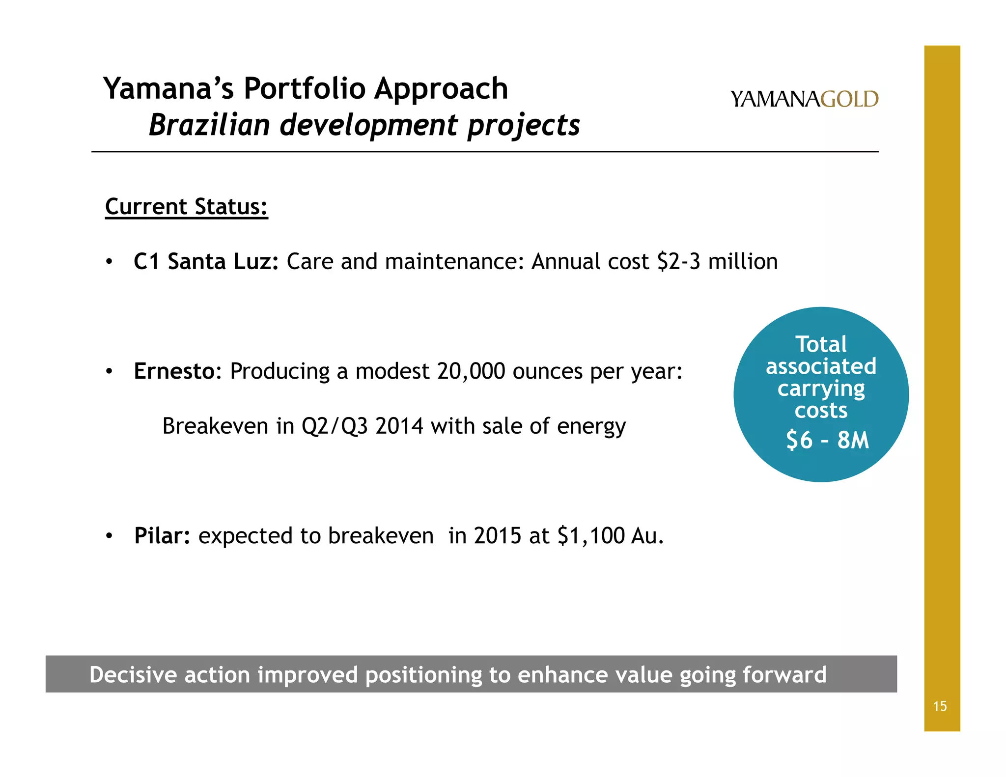 Yamana’s Portfolio Approach
Brazilian development projects
15
Decisive action improved positioning to enhance value going forward
Current Status:
• C1 Santa Luz: Care and maintenance: Annual cost $2-3 million
• Ernesto: Producing a modest 20,000 ounces per year:
Breakeven in Q2/Q3 2014 with sale of energy
• Pilar: expected to breakeven in 2015 at $1,100 Au.
Total
associated
carrying
costs
$6 – 8M
 