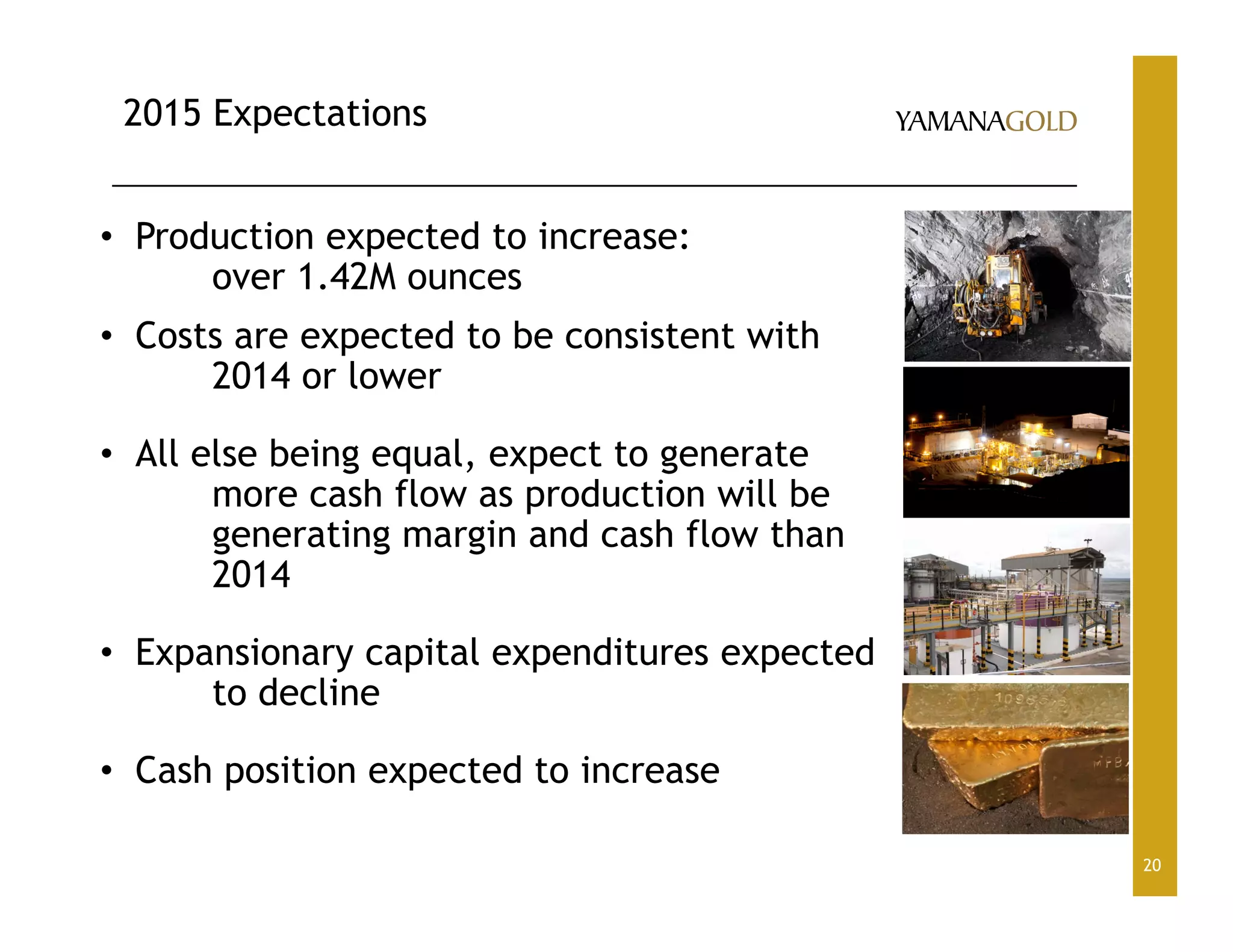 • Production expected to increase:
over 1.42M ounces
• Costs are expected to be consistent with
2014 or lower
• All else being equal, expect to generate
more cash flow as production will be
generating margin and cash flow than
2014
• Expansionary capital expenditures expected
to decline
• Cash position expected to increase
20
2015 Expectations
 