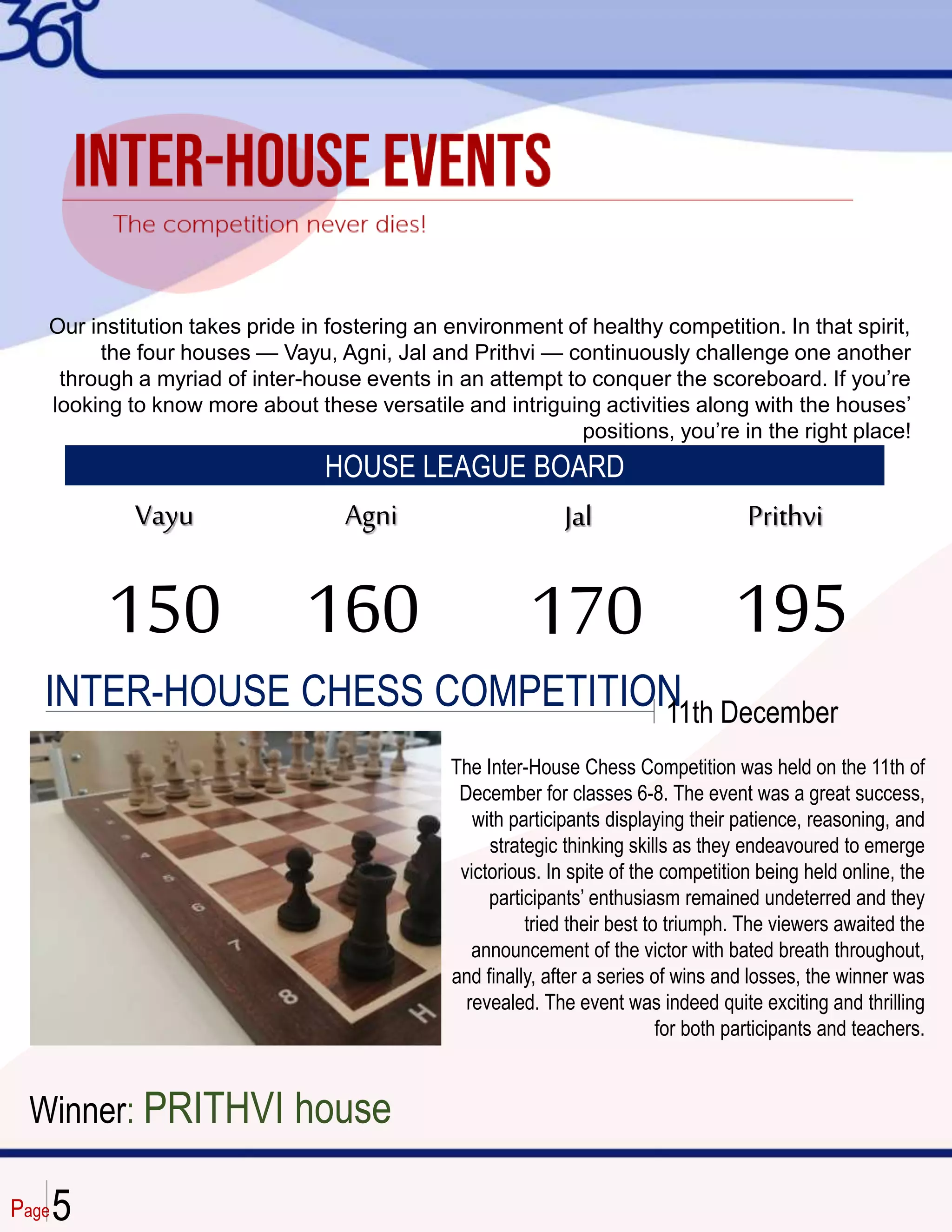 Page
INTER-HOUSE CHESS COMPETITION
11th December
Our institution takes pride in fostering an environment of healthy competition. In that spirit,
the four houses — Vayu, Agni, Jal and Prithvi — continuously challenge one another
through a myriad of inter-house events in an attempt to conquer the scoreboard. If you’re
looking to know more about these versatile and intriguing activities along with the houses’
positions, you’re in the right place!
The Inter-House Chess Competition was held on the 11th of
December for classes 6-8. The event was a great success,
with participants displaying their patience, reasoning, and
strategic thinking skills as they endeavoured to emerge
victorious. In spite of the competition being held online, the
participants’ enthusiasm remained undeterred and they
tried their best to triumph. The viewers awaited the
announcement of the victor with bated breath throughout,
and finally, after a series of wins and losses, the winner was
revealed. The event was indeed quite exciting and thrilling
for both participants and teachers.
HOUSE LEAGUE BOARD
Vayu Agni Jal Prithvi
150 160 170 195
Winner: PRITHVI house
5
 