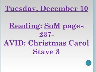 Tuesday, December 10
Reading: SoM pages
237AVID: Christmas Carol
Stave 3

 