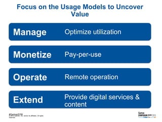 Focus on the Usage Models to Uncover
Value

Manage

Optimize utilization

Monetize

Pay-per-use

Operate

Remote operation...