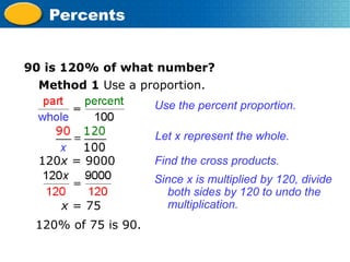Percents 
90 is 120% of what number? 
Method 1 Use a proportion. 
Use the percent proportion. 
120x = 9000 
x = 75 
120% of 75 is 90. 
Let x represent the whole. 
Find the cross products. 
Since x is multiplied by 120, divide 
both sides by 120 to undo the 
multiplication. 
 