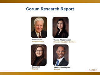 32
Corum Research Report
Elon Gasper
EVP, Research
Yasmin Khodamoradi
Director, Valuation Services
Patrick Cunningham
Analyst
Becky Hill
Analyst
 