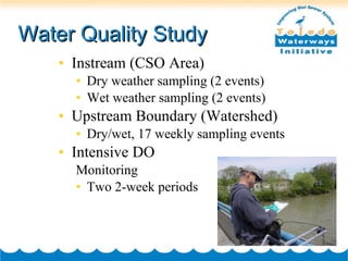 Water Quality Study Instream (CSO Area) Dry weather sampling (2 events) Wet weather sampling (2 events) Upstream Boundary (Watershed) Dry/wet, 17 weekly sampling events Intensive DO  Monitoring Two 2-week periods 