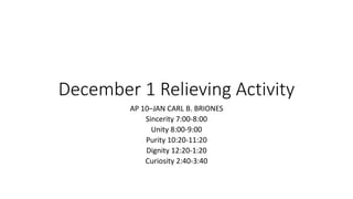 December 1 Relieving Activity
AP 10–JAN CARL B. BRIONES
Sincerity 7:00-8:00
Unity 8:00-9:00
Purity 10:20-11:20
Dignity 12:20-1:20
Curiosity 2:40-3:40
 