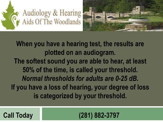 When you have a hearing test, the results are
               plotted on an audiogram.
    The softest sound you are able to hear, at least
       50% of the time, is called your threshold.
       Normal thresholds for adults are 0-25 dB.
  If you have a loss of hearing, your degree of loss
          is categorized by your threshold.

Call Today                (281) 882-3797
 