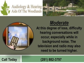 Moderate
             At this degree of loss, difficulty
                hearing conversations will
                 occur, especially while in
                  background noise. The
              television and radio may also
                 need to be turned higher.

Call Today      (281) 882-3797
 
