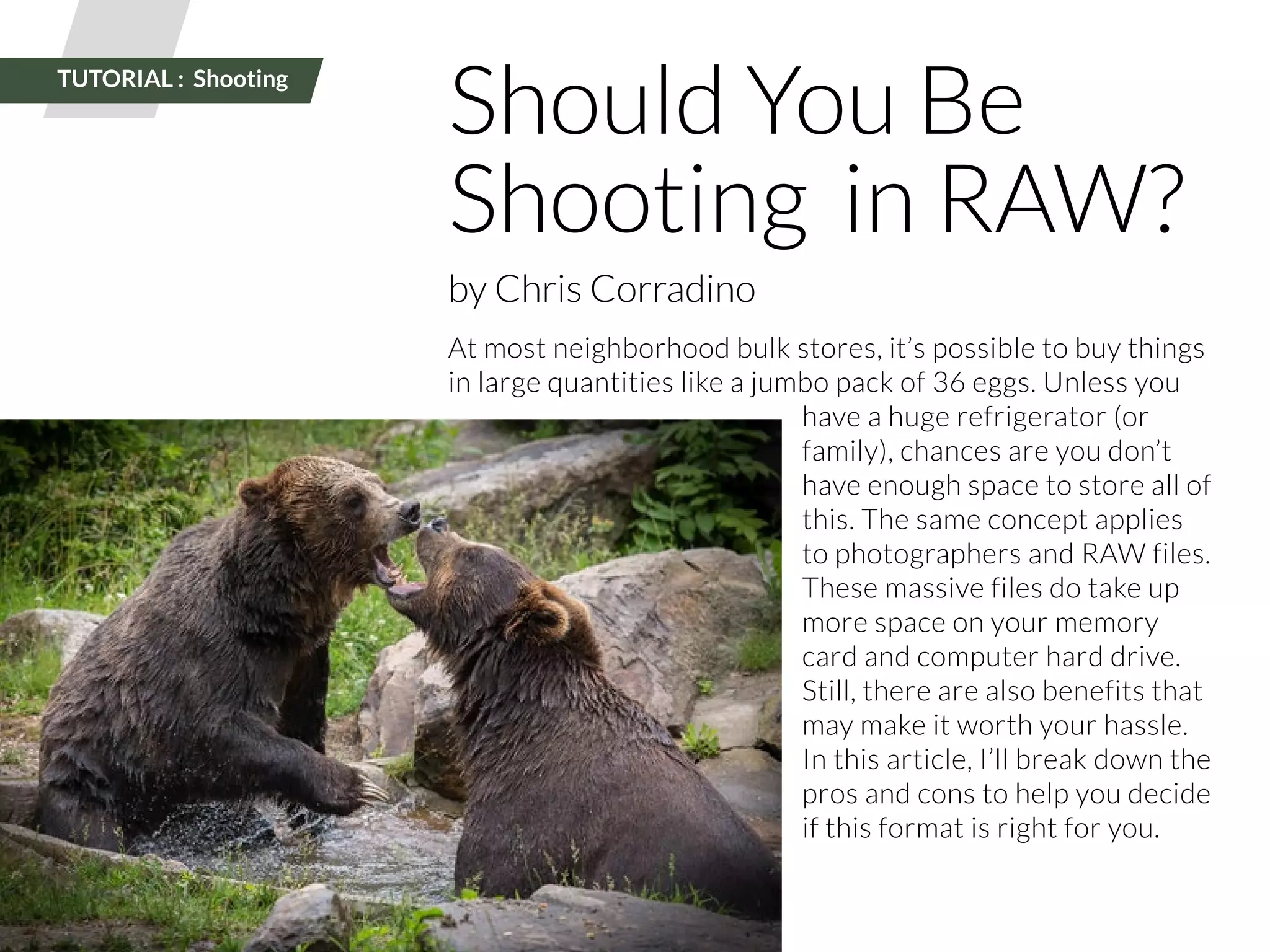 22 | PicsArt Monthly 
Should You Be 
Shooting in RAW? 
by Chris Corradino 
At most neighborhood bulk stores, it’s possible to buy things 
in large quantities like a jumbo pack of 36 eggs. Unless you 
have a huge refrigerator (or 
family), chances are you don’t 
have enough space to store all of 
this. The same concept applies 
to photographers and RAW files. 
These massive files do take up 
more space on your memory 
card and computer hard drive. 
Still, there are also benefits that 
may make it worth your hassle. 
In this article, I’ll break down the 
pros and cons to help you decide 
if this format is right for you. 
TUTORIAL : Shooting 
 