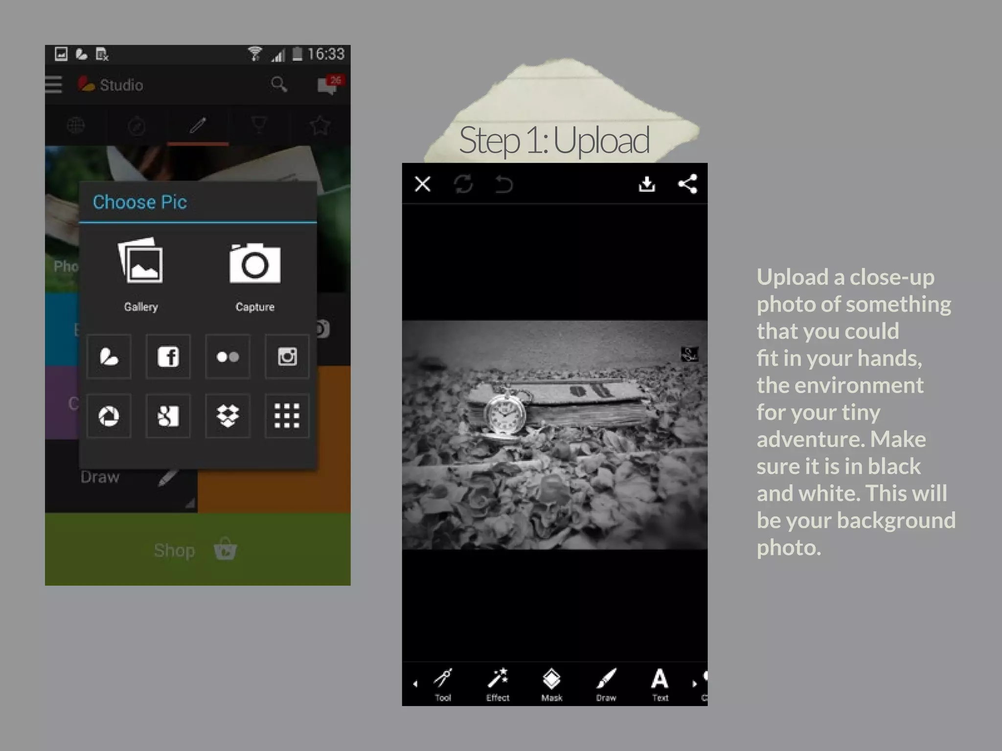 Upload a close-up 
photo of something 
that you could 
fit in your hands, 
the environment 
for your tiny 
adventure. Make 
sure it is in black 
and white. This will 
be your background 
photo. 
Step 1: Upload 
 