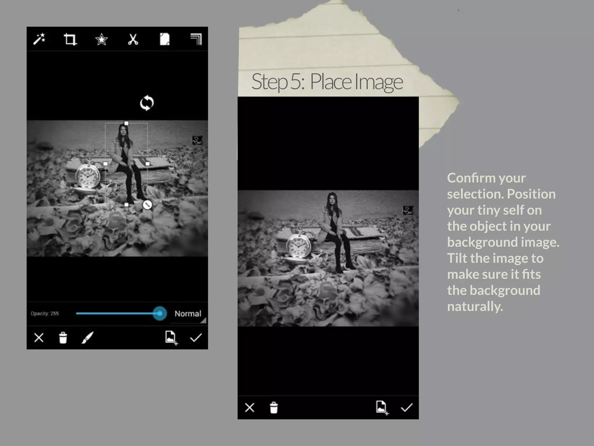 Step 5: Place Image 
Confirm your 
selection. Position 
your tiny self on 
the object in your 
background image. 
Tilt the image to 
make sure it fits 
the background 
naturally. 
 