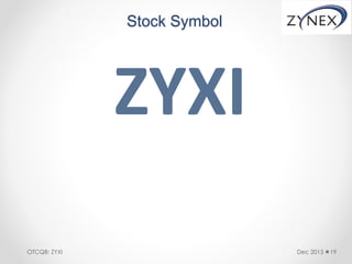 Stock Symbol
ZYXI
Dec 2015 19OTCQB: ZYXI
 
