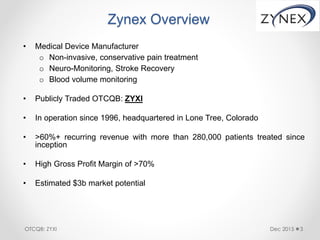 Zynex Overview
• Medical Device Manufacturer
o Non-invasive, conservative pain treatment
o Neuro-Monitoring, Stroke Recovery
o Blood volume monitoring
• Publicly Traded OTCQB: ZYXI
• In operation since 1996, headquartered in Lone Tree, Colorado
• >60%+ recurring revenue with more than 280,000 patients treated since
inception
• High Gross Profit Margin of >70%
• Estimated $3b market potential
Dec 2015 3OTCQB: ZYXI
 