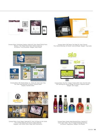 Company Name: Alchemy Branding Group, Chicago IL Client: Buszesz
Title: WATT Energy Drink Branding and Identity Art Director: Alicia Gaines
Photographer: Jeff Braddy
Company Name: aruliden, New York NY Client: Cooklyn Title: Branding and
Identity Art Director: Rogerio Lionzo Designers: Boliang Chen, Rafael Bessa
Company Name: Adrenaline, Inc., Atlanta GA Title: Adrenaline Brand and Identity
Refresh Art Directors: Scott Hickman, Gina Bleedorn Designer: Rebecca Williams
Web Designer: Teri Mez
Company Name: Alessi  Co, Hillsdale NJ Client: Eisai, Inc. Title: 2015 Benefits
Open Enrollment Brand Program Art Director: Sharon Cohen Alessi
Designer: Sharon Cohen Alessi
Company Name: aruliden, New York NY Client: SnoopWalk Title: Branding and
Identity Art Director: Rogerio Lionzo Designer: Boliang Chen
GDUSA 103
IDENTITY
DESIGN
CORPORATE BRANDING PROGRAMS
LETTERHEAD + STATIONERY
LOGOS, TRADEMARKS + SYMBOLS
10. identity design_17.1. Self Promo Impo 12/2/15 10:09 AM Page 103
 