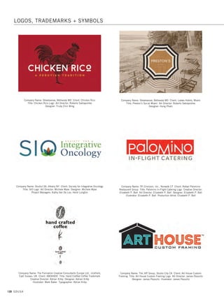 126 GDUSA
Company Name: ruzowgraphics, Westpoint CT Client: Nerve Agency
Title: Nerve Agency Logo Designer: Nancy Ruzow Illustrator: Nancy Ruzow
Company Name: SN Design, Manhattan KS Client: CE Plumbing
Title: CE Plumbing Identification Art Director: Steve Lee
Company Name: Shabibi Creative Services, Woodbridge VA Client: Invoking
Shakti Title: Invoking Shakti Logo Art Director: Mina Habibi
Designer: Mina Habibi
Company Name: ruzowgraphics, Westpoint CT Client: NYU School of Nursing
Title: NYU School of Nursing Event Logo Designer: Nancy Ruzow
Illustrator: Nancy Ruzow
Company Name: Sable Design, St. Paul MN Client: Carl Oltvedt Fine Artist
Title: Logo Design Art Director: Lizz Sable Stauning Illustrator: Carl Oltvedt
Company Name: Sire Advertising, Selinsgrove PA Client: Brian Miller Masonry
Title: Brian Miller Masonry Logo Art Director: Shawn Felty
Designers: Brody Gray, Katelyn Snyder
LOGOS, TRADEMARKS + SYMBOLS
10. identity design_17.1. Self Promo Impo 12/2/15 12:30 PM Page 126
 