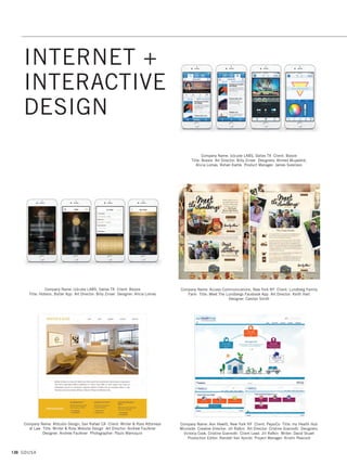 132 GDUSA
Company Name: Keyboarding Without Tears, Cabin John MD Title: Keyboarding
Without Tears Infographic Art Director: Jacob Rath Designer: Jacob Rath
Illustrators: Jan Olsen, Julie Koborg, Shannon Rutledge
Company Name: Prosek Partners, Fairfield CT Client: Hiscox Inc.
Title: Hiscox Embezzlement Infographic Art Director: Aaron Steinfeld
Designer: David Zamba
Company Name: Rutgers Center for Advanced Infrastructure and Transportation,
Piscataway NJ Client: Rutgers CAIT Title: Infographic New Jersey Transportation
Facts Art Director: Allison Thomas Designer: Allison Thomas
Company Name: MSA Architects, Cincinnati OH Client: Cincinnati METRO
Title: Uptown Transit District Designers: Elizabeth Griswold, Hannah Anderson,
Alex Gennett, Jeremy Barker, Associate AIA Illustrator: Chris Wiethe
Photographers: Joe Harrison, JH Photography, Gary Kessler, Kessler Photography
Design Principal: Michael N. Schuster, FAIA LEED AP Principal-in-Charge:
Nestor Melnyk, AIA LEED AP BD+C Project Architect: Chris Patek, AIA LEED AP
Company Name: Prosek Partners, Fairfield CT Client: Wellspring Camps
Title: Wellspring Camps Food Addiction Infographic
Art Director: David Zamba Designer: Bernardo Torres
Company Name: studio of KUNG PIK LIU, Corning NY Client: Thomson Reuters
Title: Innovation in Government Services Art Director: Kung Pik Liu
Designer: Alvaro Beleza
INFOGRAPHICS
11. infographics_17.1. Self Promo Impo 12/2/15 10:49 AM Page 132
 